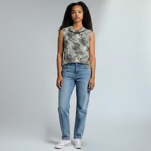 Ann Taylor Petite Cowl Neck Sleeveless Blouse Grey White Abstract Print XSP